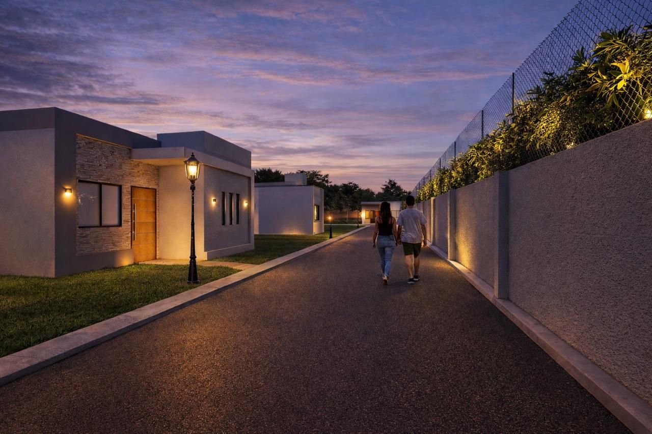 Render de la calle interna de Los Algarrobos con casas construidas